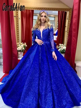 Royal Princess Azul Prom Vestidos de Paetês Uma Linha de Mangas compridas, Vestidos de Noite para as Mulheres do Partido Pura Pescoço Applique