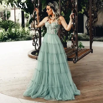 Sansa Verde Matcha Strapless Prom Dress Flor de Laço Bordado فساتين سهره فاخره 2023 Sexy Multilayer Vestidos De Noche