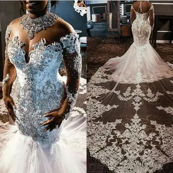 Sereia Vestidos De Casamento Strass Cristais De Laço Frisado Mangas Compridas Train Tribunal Sul-Africano De Noiva Vestido De Noiva