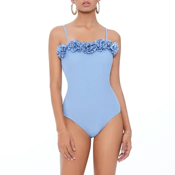 Sexy Big Boobs Push-UP de Biquíni Para as Mulheres de Emagrecimento, Um Pedaço de Luz Azul Estampado com Maiô Barriga de Controle trajes de Banho 2023 Feminino de Praia
