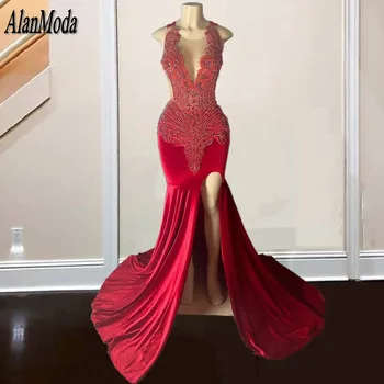 Sexy Vermelho Strass Prom Vestidos Para Meninas Pretas 2024 Pura Pescoço De Luxo Diamante Festa Vestidos De Desgaste Da Noite De Veludo Vestes De Soirée