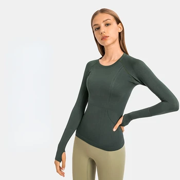 Slim Fit Perfeita Yoga Camisas Longas da Luva das Mulheres Gola Esporte T-shirts com o Furo do Polegar Executando o Topo do Ginásio de Outono Desgaste