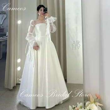 SONDR coreano O Pescoço de Marfim Vestido de Noiva de Uma Linha Pontilhada de Malha Feitos Formal Vestido de Noiva 웨딩드레스 Mangas compridas Vestido de Casamento Nupcial