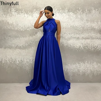 Thinyfull Azul Elegante Vestido de Baile de Uma linha de Halter Mangas de Noite, Vestido de Festa de Cetim Andar Comprimento árabe Ocasião Formal Vestido