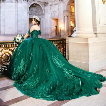 Verde Cristal Beading Cetim Apliques De Rendas Vestidos De Quinceanera Bola Vestido De Ombro Fora Do Espartilho Vestidos De 15 Anos
