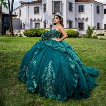 Verde-esmeralda Brilhante Vestidos de Quinceanera para Doce de 15 Anos, Sexy Fora do Ombro Puffy Vestido de baile Apliques de Renda Vestidos de Princesa