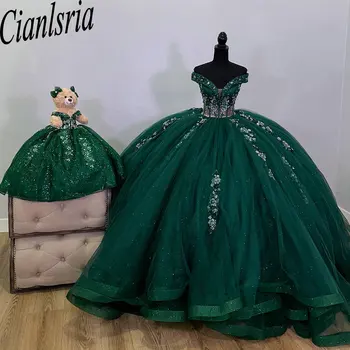 Verde Esmeralda Ilusão Apliques De Lantejoulas Vestidos De Quinceanera Vestido De Bola Fora Do Ombro Beading Espartilho Vestidos De 15 Anos