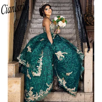 Verde Mexicano Vestido De 15 Anos Charro Vestidos De Quinceanera Ouro Laço Appliqued Espartilho Doce 16 Vestido Abiti Da Cerimonia