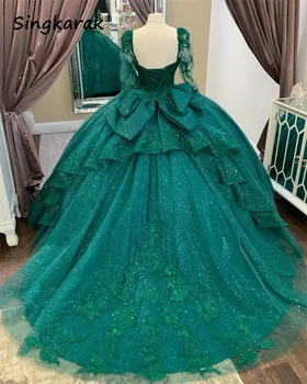Verde Princesa Vestidos de Quinceanera Com Arco Mangas Destacáveis Renda Applique Frisado Vestido de baile de Aniversário de 16 anos de Baile Espartilho Vestido