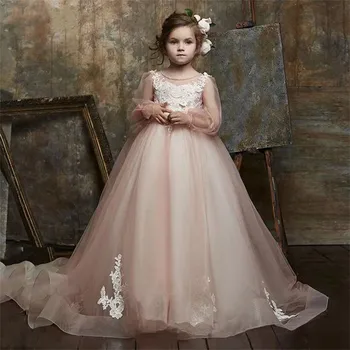 Vestido da Menina de flor cor-de-Rosa Fofo de Tule de Renda Branca 3D Applique de Casamento Elegante Flor Filho do Primeiro Eucarística Vestido de Festa de Aniversário