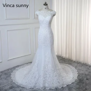 vestido de noiva sereia branco 2021 Ilusão de Volta Renda Applique Beading Barco Pescoço sereia Vestidos de Casamento Novo