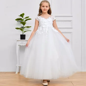 Vestidos Da Menina De Flor De Tule Branco Puffy Apliques Sem Mangas Para O Casamento, Festa De Aniversário De Banquetes Primeira Comunhão Vestidos